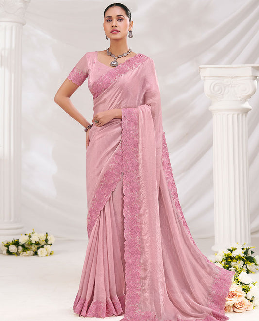 Pink Plain Designer Saree Features Elegant Floral Embroidered Borders All Over the Edges, Paired with Embroidery Work Blouse