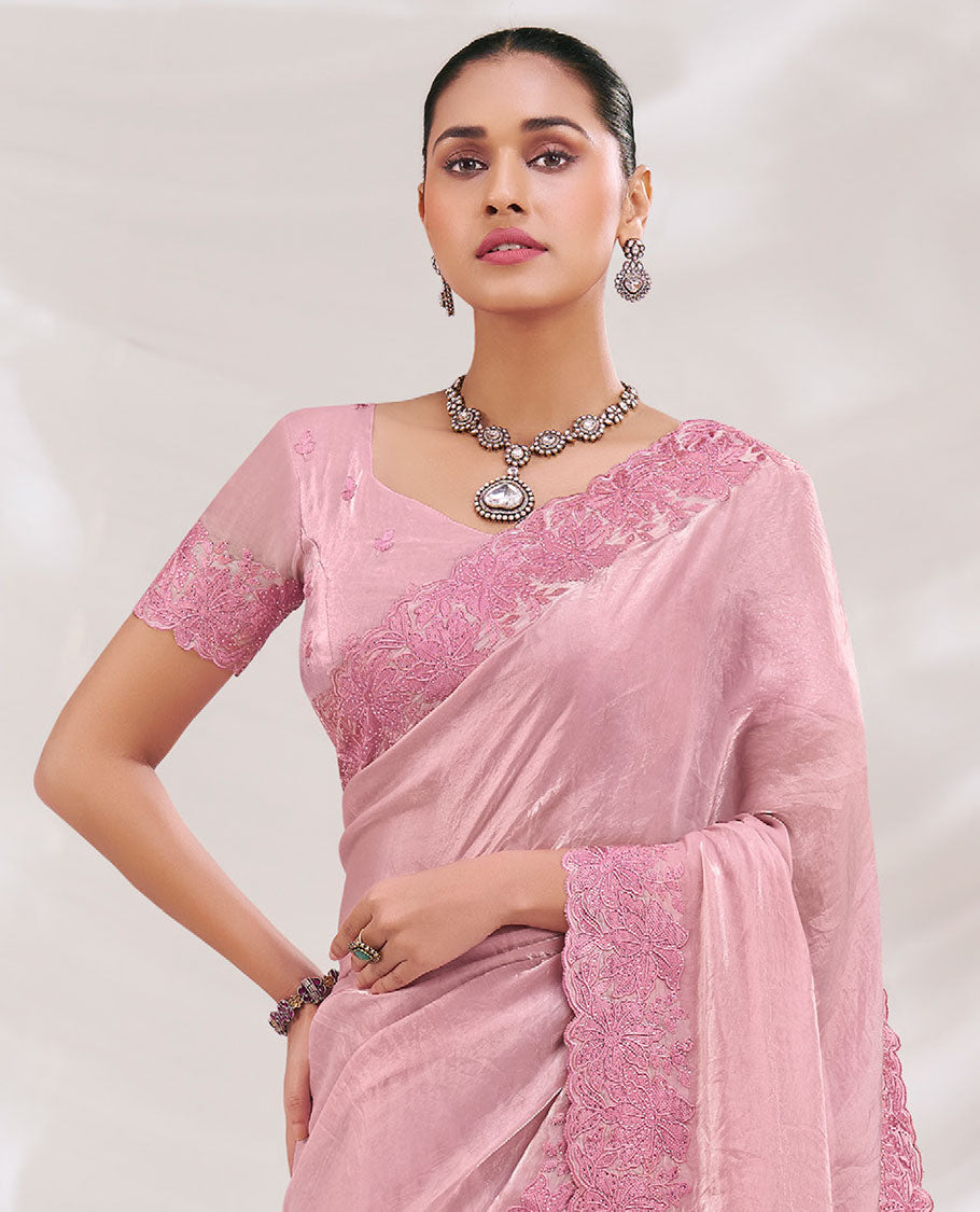 Pink Plain Designer Saree Features Elegant Floral Embroidered Borders All Over the Edges, Paired with Embroidery Work Blouse