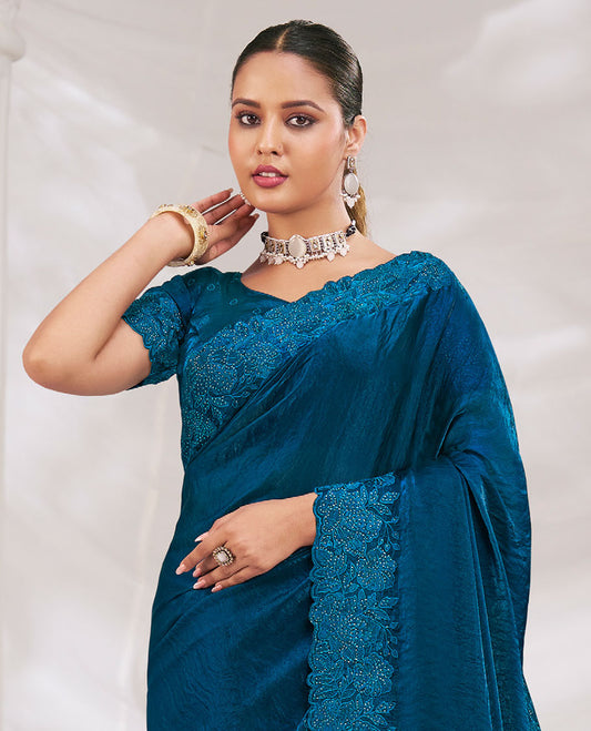 Blue Sapphire Plain Designer Saree Beautified with Floral Embroidered Borders All Over the Edges, Paired with Embroidery Work Blouse