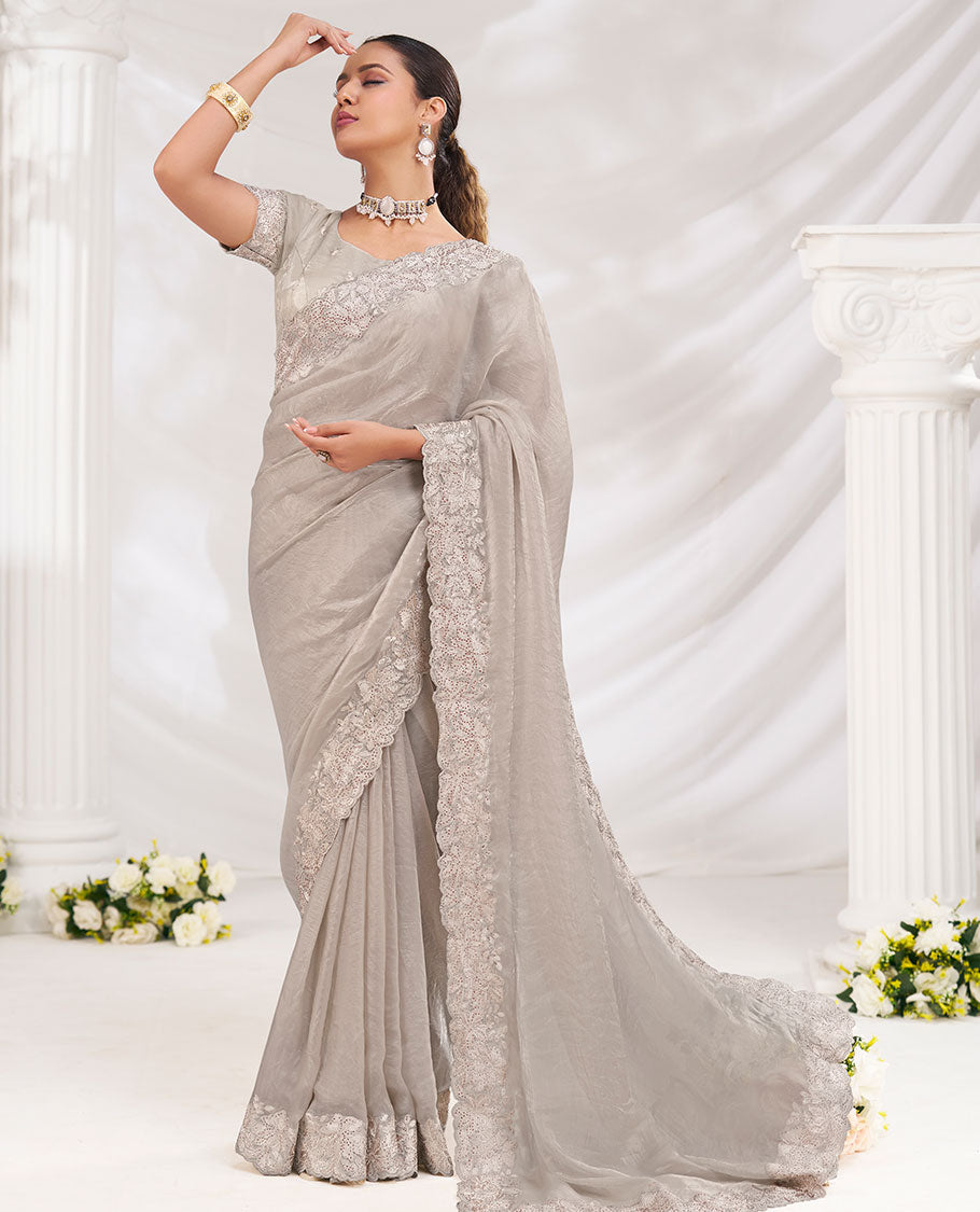 Grey Plain Designer Saree Enlivened with Floral Embroidered Borders All Over the Edges, Complemented by an Intricately Embroidered Blouse