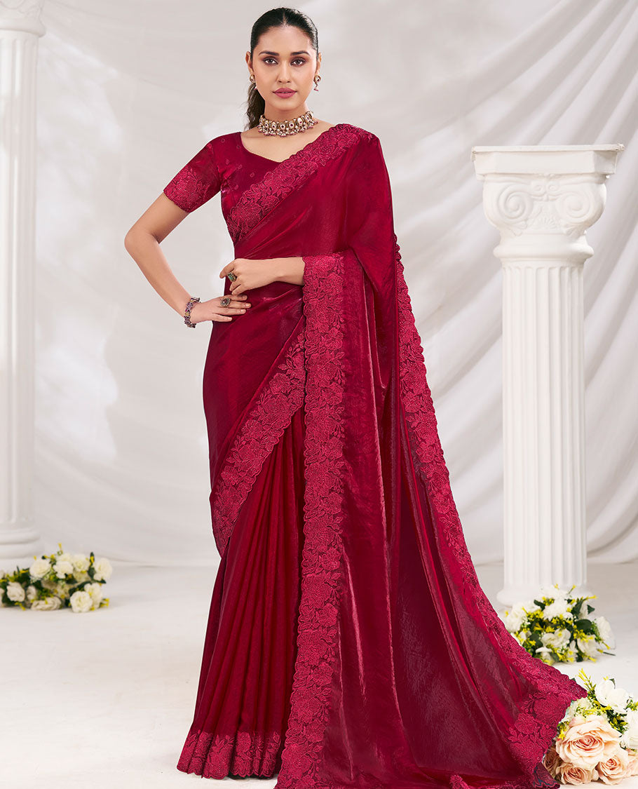 Red Plain Designer Saree Elevated with Floral Embroidered Borders All Over the Edges, Adorned with Floral Embroidered Blouse