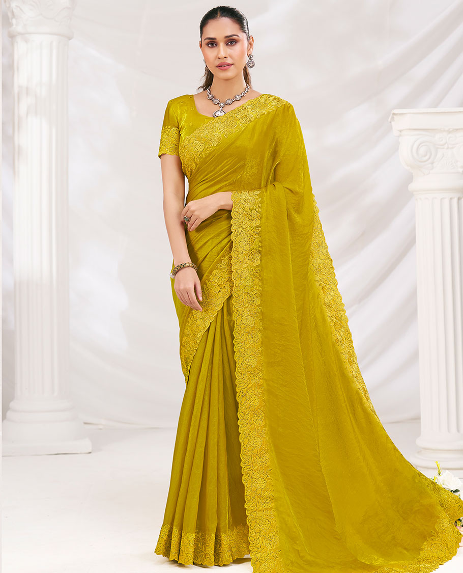 Mustard Plain Designer Saree Adorned with Floral Embroidered Borders All Over the Edges, Paired with Embroidery Work Blouse