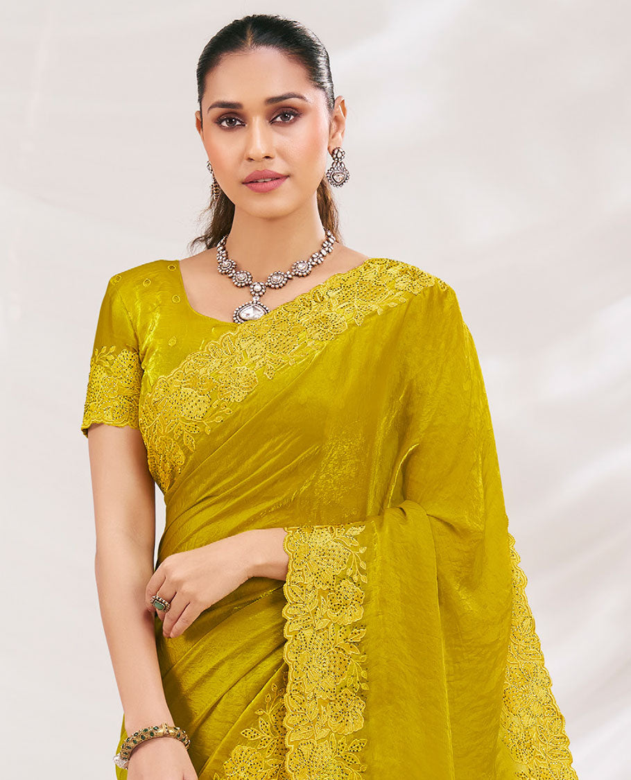 Mustard Plain Designer Saree Adorned with Floral Embroidered Borders All Over the Edges, Paired with Embroidery Work Blouse