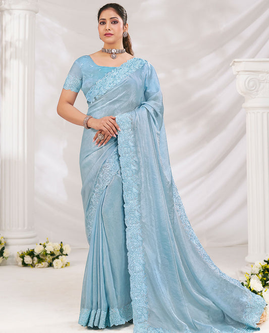 Blue Plain Designer Saree Ornamented with Floral Embroidered Borders All Over the Edges, Paired with Embroidery Work Blouse