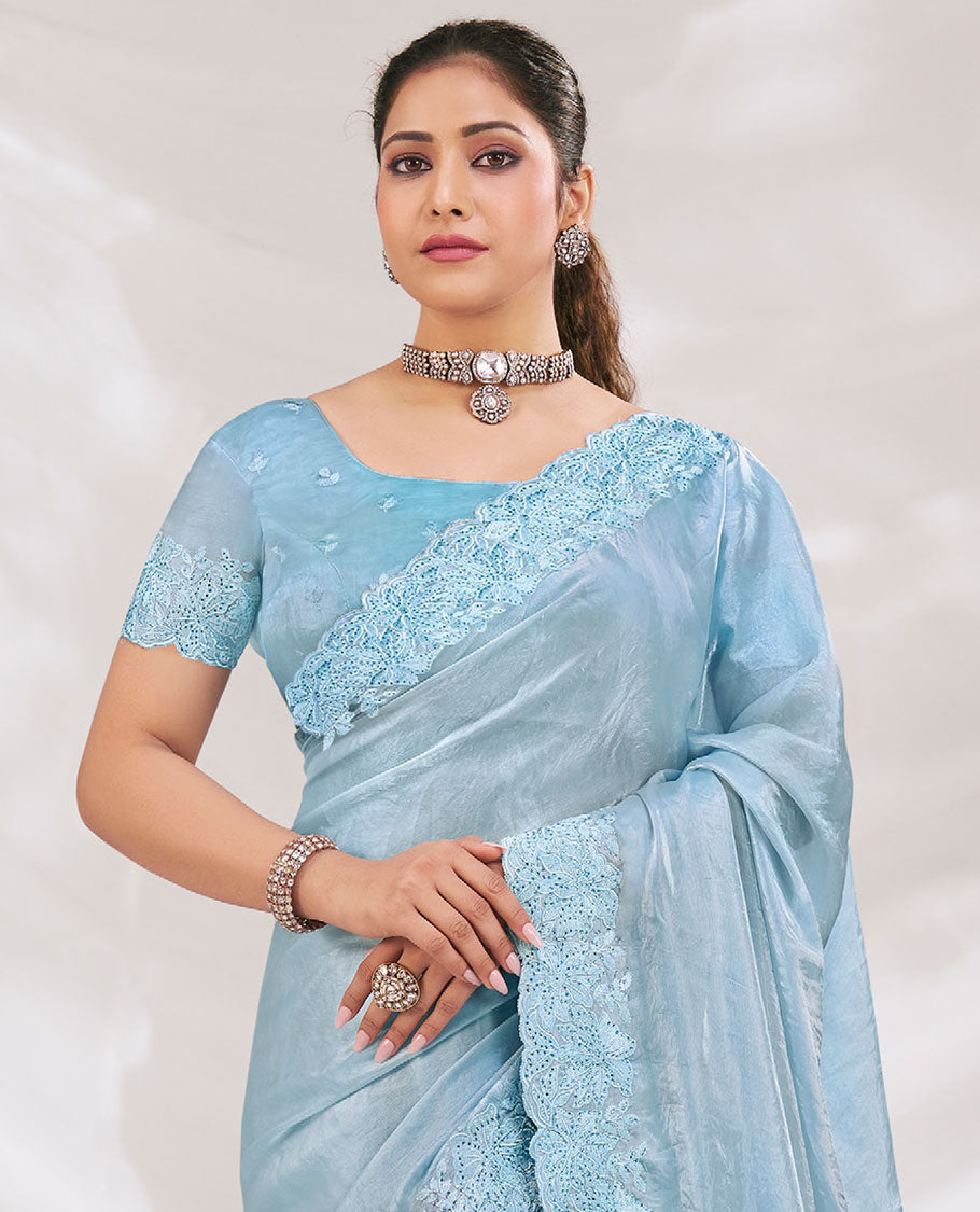 Blue Plain Designer Saree Ornamented with Floral Embroidered Borders All Over the Edges, Paired with Embroidery Work Blouse
