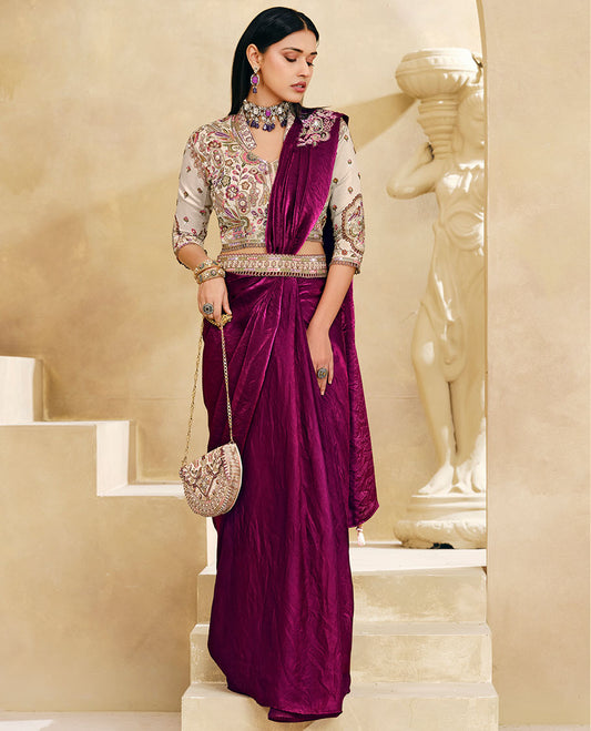 Maroon Plain Party Wear Designer Saree, Complemented with a Contrast Round Neck Heavy Embroidered 3/4th Sleeve Readymade Blouse, Detachable Embroidered Belt, and a Free Embroidered Flap Sling Bag