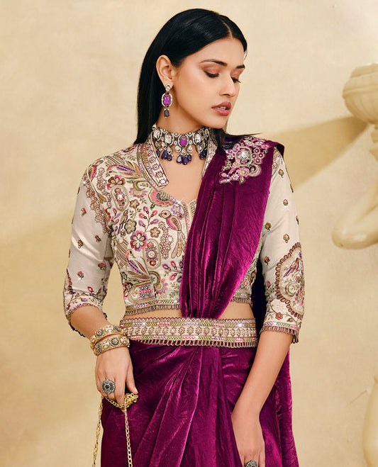 Maroon Plain Party Wear Designer Saree, Complemented with a Contrast Round Neck Heavy Embroidered 3/4th Sleeve Readymade Blouse, Detachable Embroidered Belt, and a Free Embroidered Flap Sling Bag