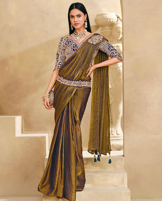 Mehenthi Green Plain Party Wear Designer Saree, Complemented with a Contrast V-Neck Heavy Embroidered Elbow Sleeve Readymade Blouse, Detachable Embroidered Belt, and a Free Embroidered Flap Sling Bag