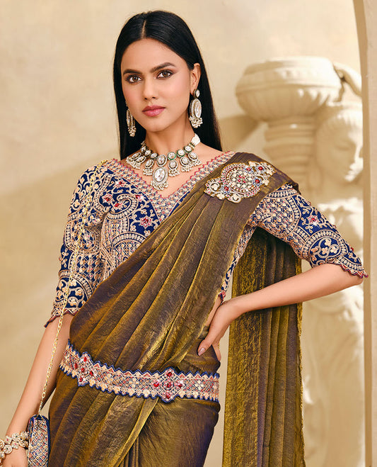 Mehenthi Green Plain Party Wear Designer Saree, Complemented with a Contrast V-Neck Heavy Embroidered Elbow Sleeve Readymade Blouse, Detachable Embroidered Belt, and a Free Embroidered Flap Sling Bag