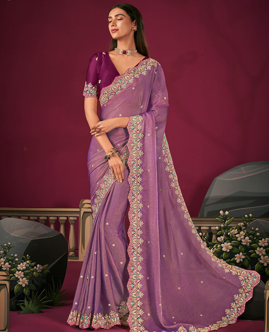 Purple Floral Embroidered Designer Saree with Embroidered Scallop Borders, Embroidered Pallu, and a Contrast Embroidered Blouse