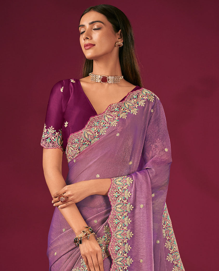 Purple Floral Embroidered Designer Saree with Embroidered Scallop Borders, Embroidered Pallu, and a Contrast Embroidered Blouse