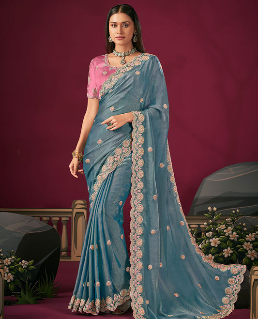 Blue Motifs Embroidered Designer Saree with Embroidered Scallop Borders, Embroidered Pallu, and a Contrast Embroidered Blouse