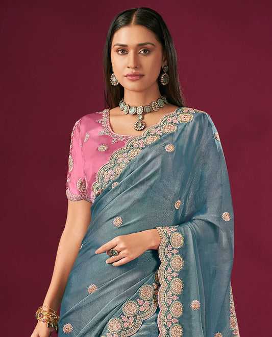 Blue Motifs Embroidered Designer Saree with Embroidered Scallop Borders, Embroidered Pallu, and a Contrast Embroidered Blouse