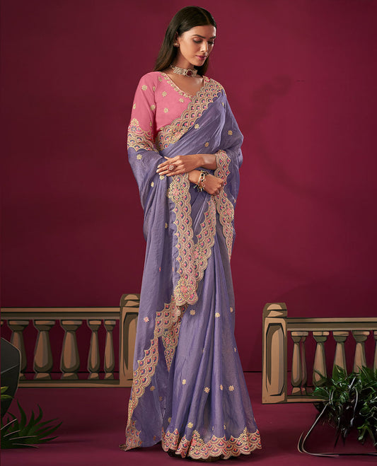 Grey Floral Motifs Embroidered Designer Saree with Embroidered Scallop Borders, Embroidered Pallu, and a Contrast Embroidered Blouse