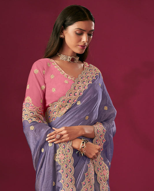 Grey Floral Motifs Embroidered Designer Saree with Embroidered Scallop Borders, Embroidered Pallu, and a Contrast Embroidered Blouse