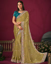 Gold Floral Motifs Embroidered Designer Saree with Floral Embroidered Scallop Borders, Embroidered Pallu, and a Contrast Embroidered Blouse