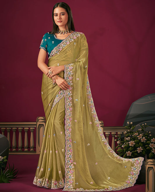 Gold Floral Motifs Embroidered Designer Saree with Floral Embroidered Scallop Borders, Embroidered Pallu, and a Contrast Embroidered Blouse