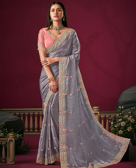 Grey Seven-Petal Flowers Embroidered Designer Saree with Embroidered Scallop Borders, Embroidered Pallu, and a Contrast Embroidered Blouse