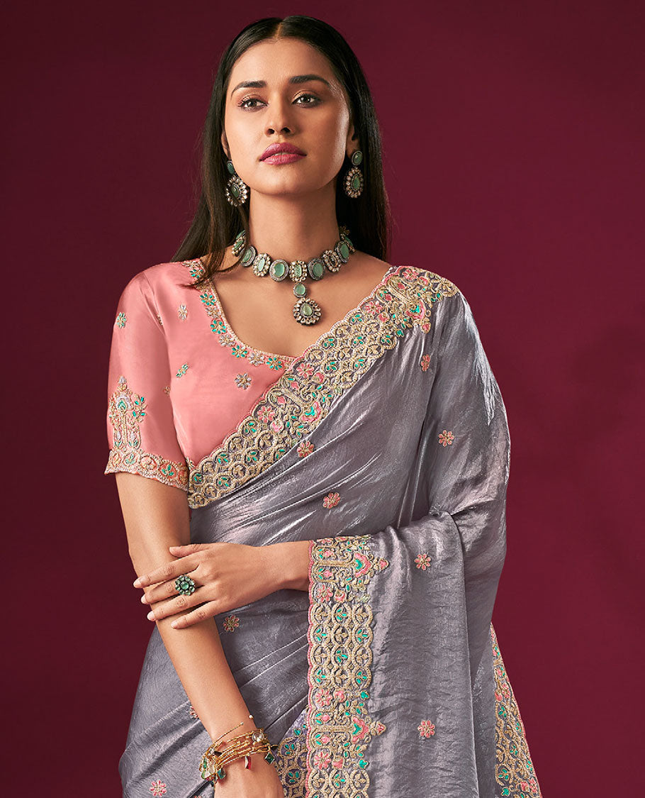 Grey Seven-Petal Flowers Embroidered Designer Saree with Embroidered Scallop Borders, Embroidered Pallu, and a Contrast Embroidered Blouse