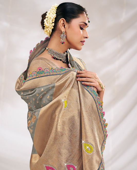 Grey Fancy Organza Designer Saree