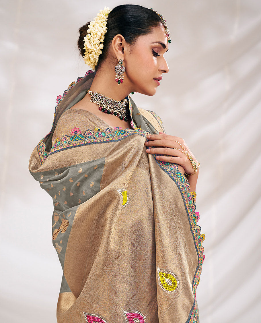 Grey Fancy Organza Designer Saree
