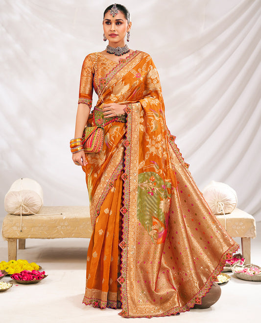 Orange Fancy Organza Designer Saree