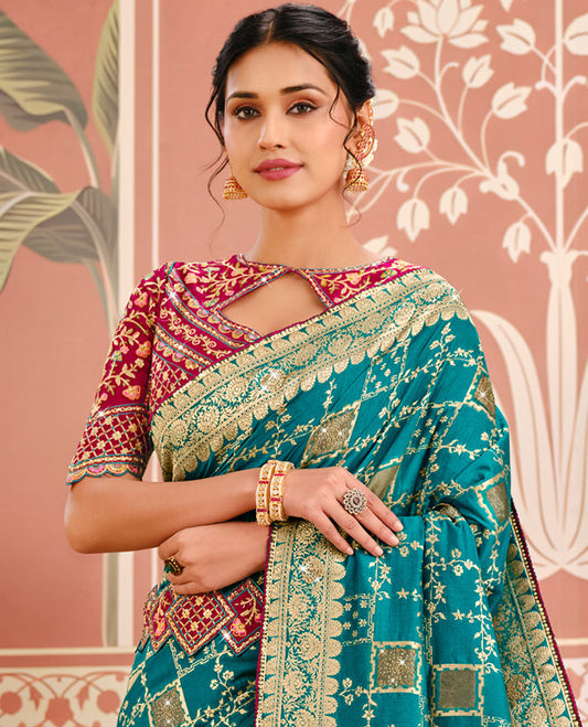Blue Dola Silk Designer Catalog Saree Features Embroidery Work, Contrast Embroidered Blouse and Belt