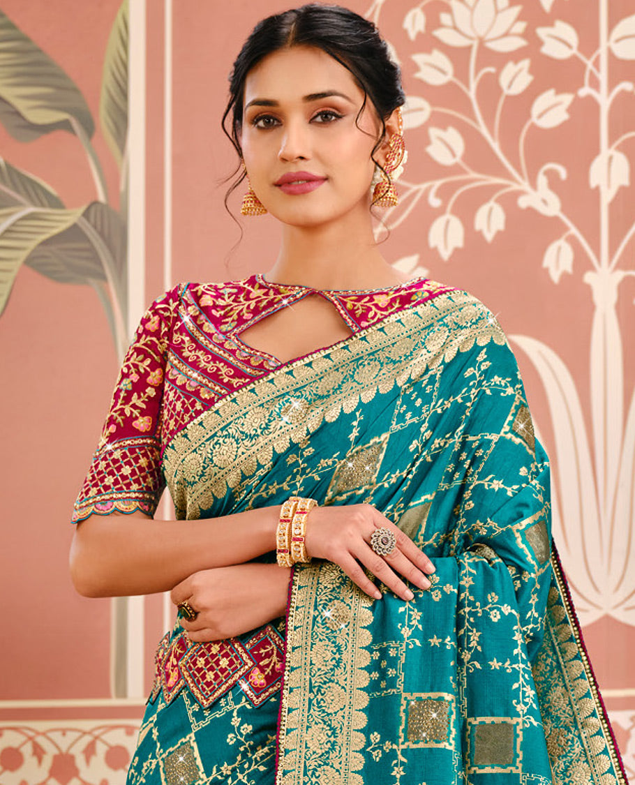 Blue Dola Silk Designer Catalog Saree Features Embroidery Work, Contrast Embroidered Blouse and Belt