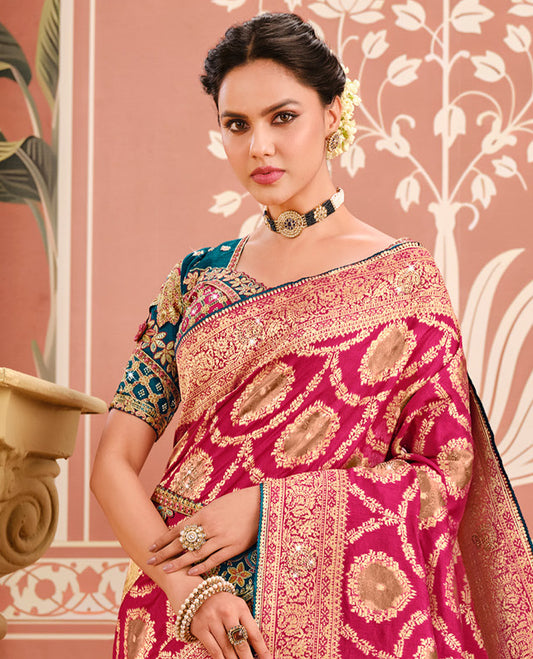 Pink Dola Silk Designer Catalog Saree with Jacquard Design and Stonework, Contrast Embroidered Blouse