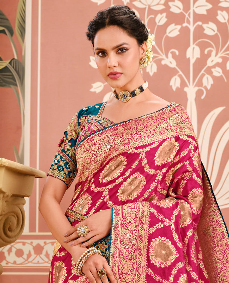 Pink Dola Silk Designer Catalog Saree with Jacquard Design and Stonework, Contrast Embroidered Blouse