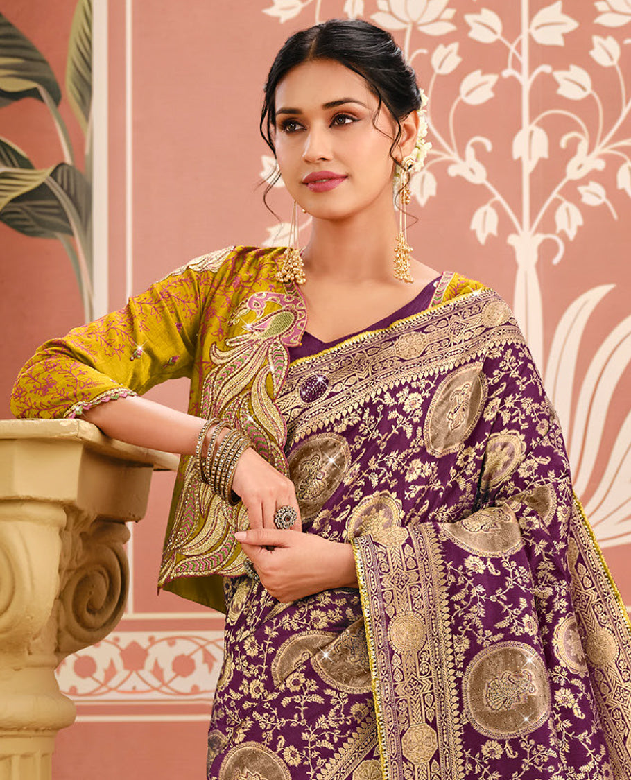 Purple Intricate Weave-Stonework Dola Silk Designer Catalog Saree, Overcoat-Style Embroidery Blouse