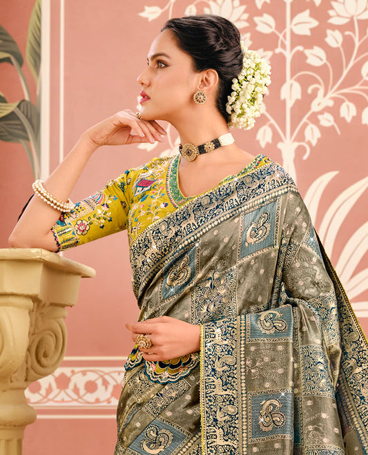 Grey Intricate Embroidered Dola Silk Designer Catalog Saree, a Contrast Embroidered Blouse, and Belt