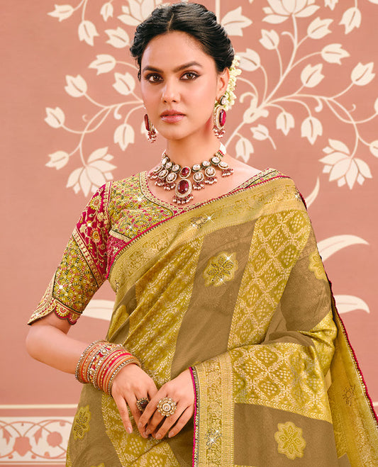 Green Dola Silk Designer Catalog Saree with Intricate Design and Stonework, Contrast Embroidered Blouse