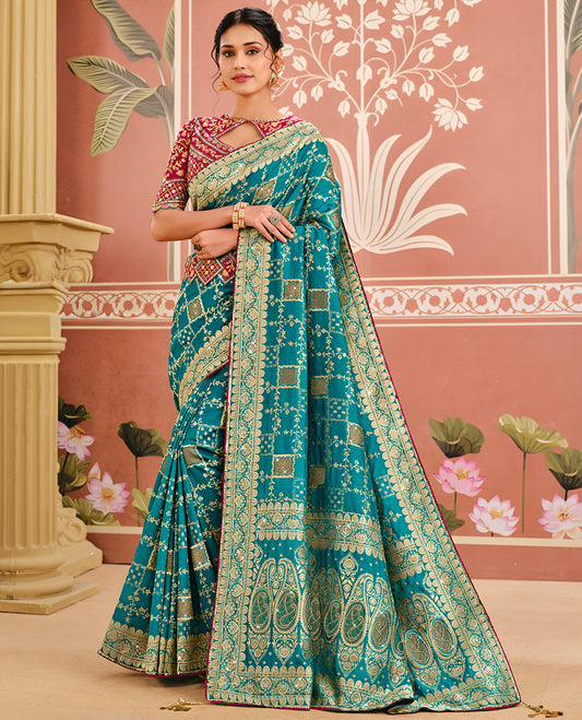 Blue Dola Silk Designer Catalog Saree Features Embroidery Work, Contrast Embroidered Blouse and Belt