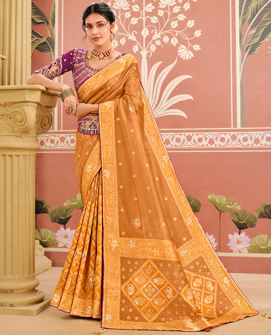 Orange Dola Silk Designer Catalog Saree with Buttas and Stonework, and Contrast Embroidered Blouse