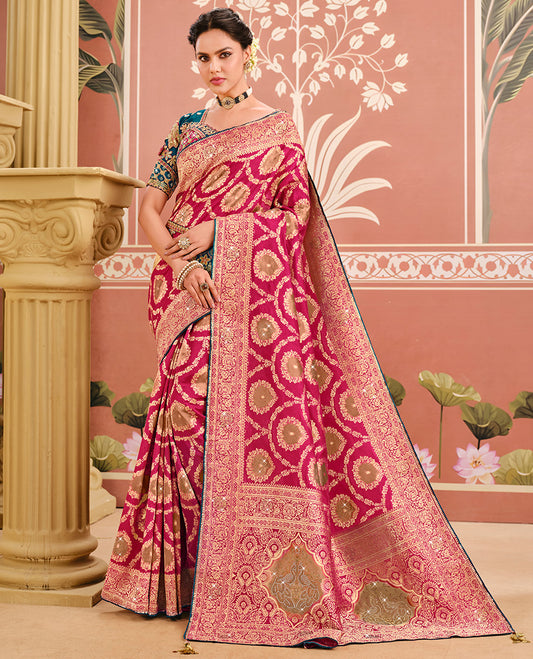 Pink Dola Silk Designer Catalog Saree with Jacquard Design and Stonework, Contrast Embroidered Blouse