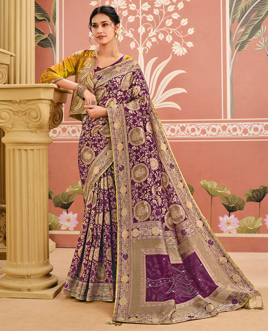 Purple Intricate Weave-Stonework Dola Silk Designer Catalog Saree, Overcoat-Style Embroidery Blouse