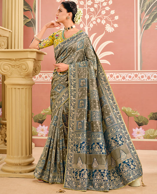 Grey Intricate Embroidered Dola Silk Designer Catalog Saree, a Contrast Embroidered Blouse, and Belt