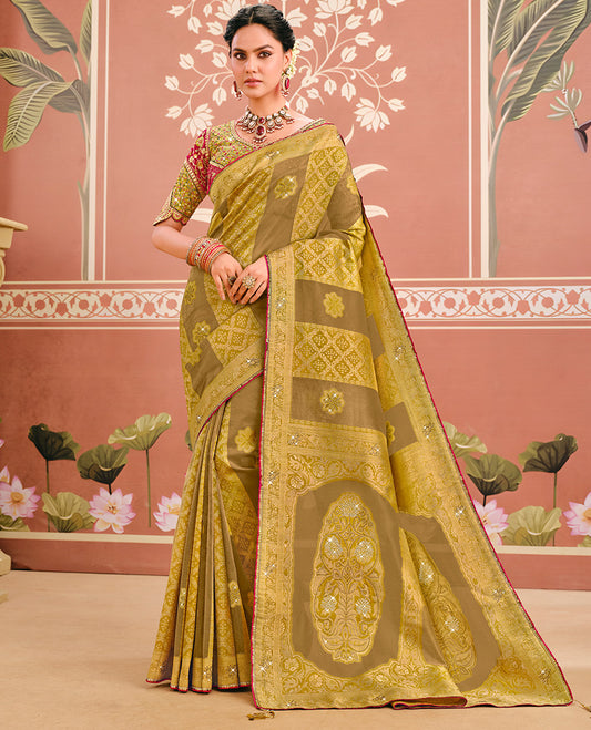Green Dola Silk Designer Catalog Saree with Intricate Design and Stonework, Contrast Embroidered Blouse