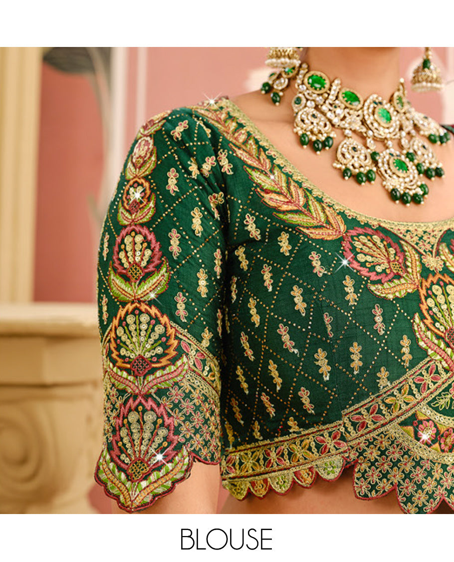 Maroon Dola Silk Designer Catalog Saree with Buttas and Floral Creeper, a Contrast Embroidered Blouse
