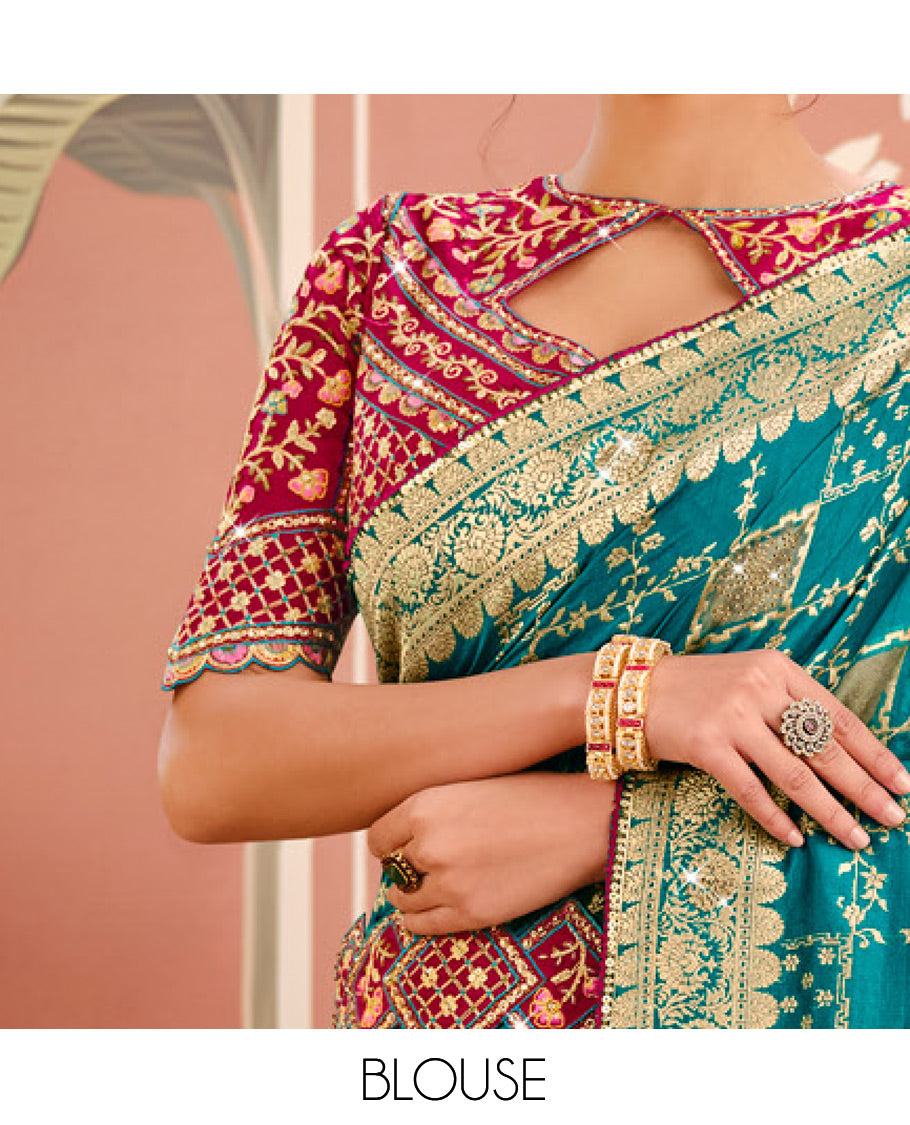 Blue Dola Silk Designer Catalog Saree Features Embroidery Work, Contrast Embroidered Blouse and Belt