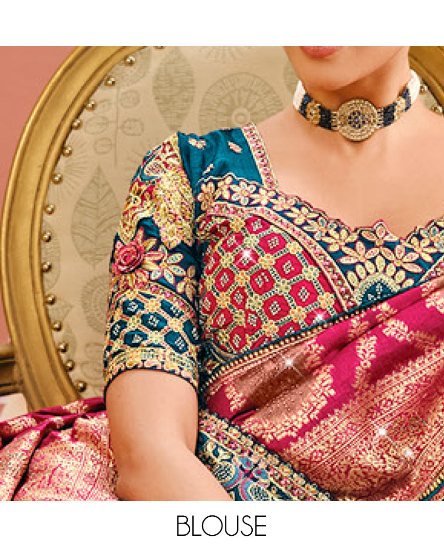 Pink Dola Silk Designer Catalog Saree with Jacquard Design and Stonework, Contrast Embroidered Blouse