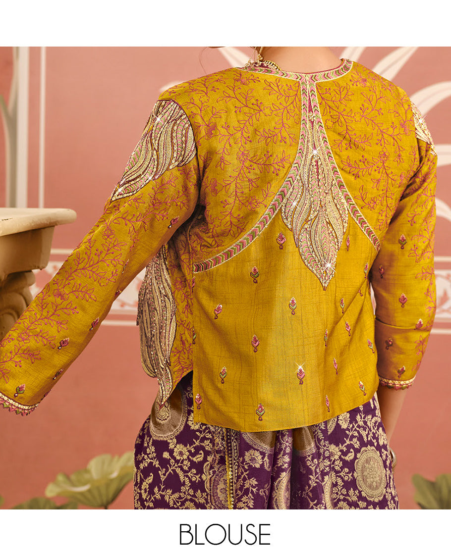 Purple Intricate Weave-Stonework Dola Silk Designer Catalog Saree, Overcoat-Style Embroidery Blouse