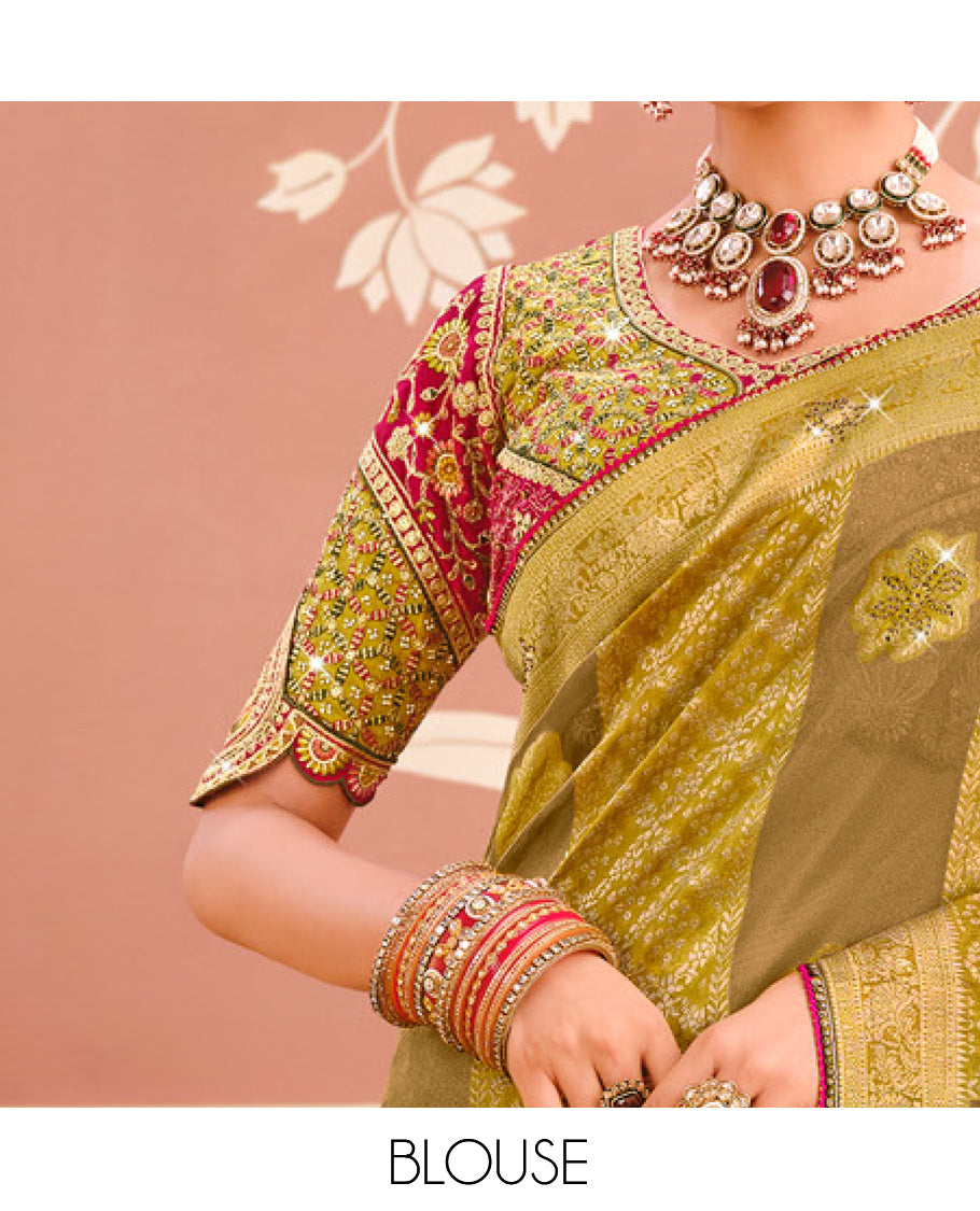 Green Dola Silk Designer Catalog Saree with Intricate Design and Stonework, Contrast Embroidered Blouse