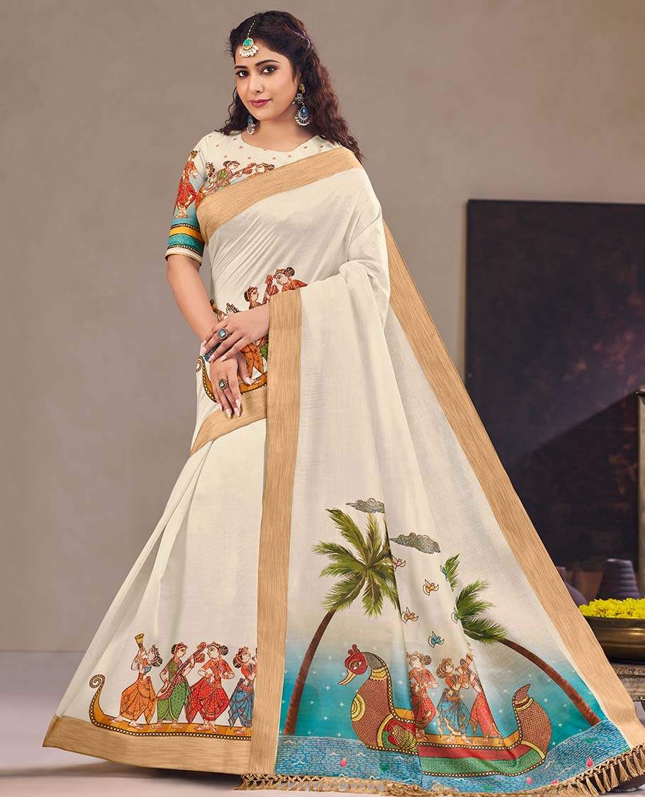 Cream human motifs printed designer catalog saree, bavanji border, and painting style ancient human motifs printed pallu