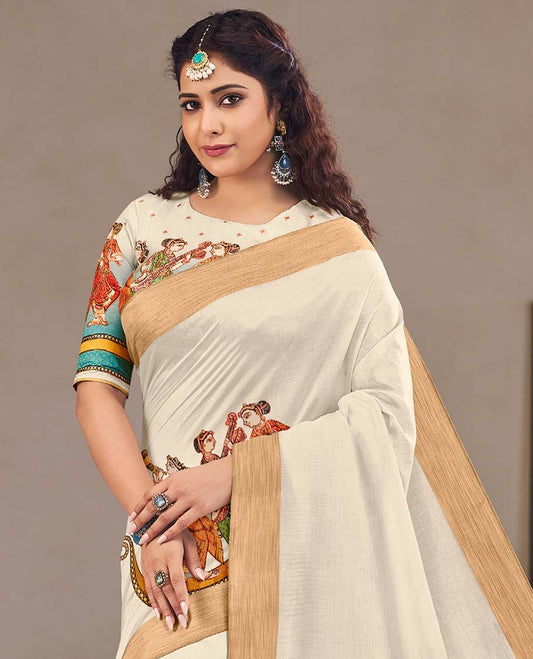 Cream human motifs printed designer catalog saree, bavanji border, and painting style ancient human motifs printed pallu