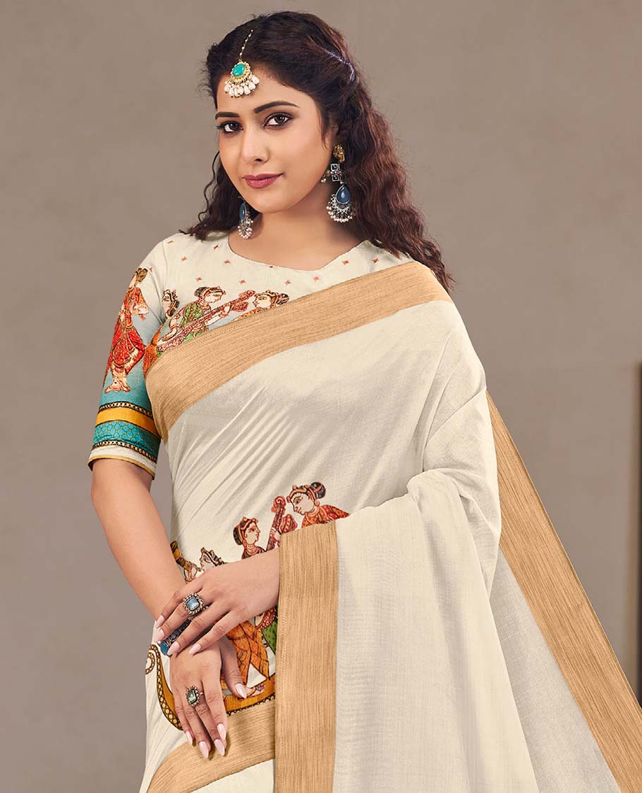Cream human motifs printed designer catalog saree, bavanji border, and painting style ancient human motifs printed pallu