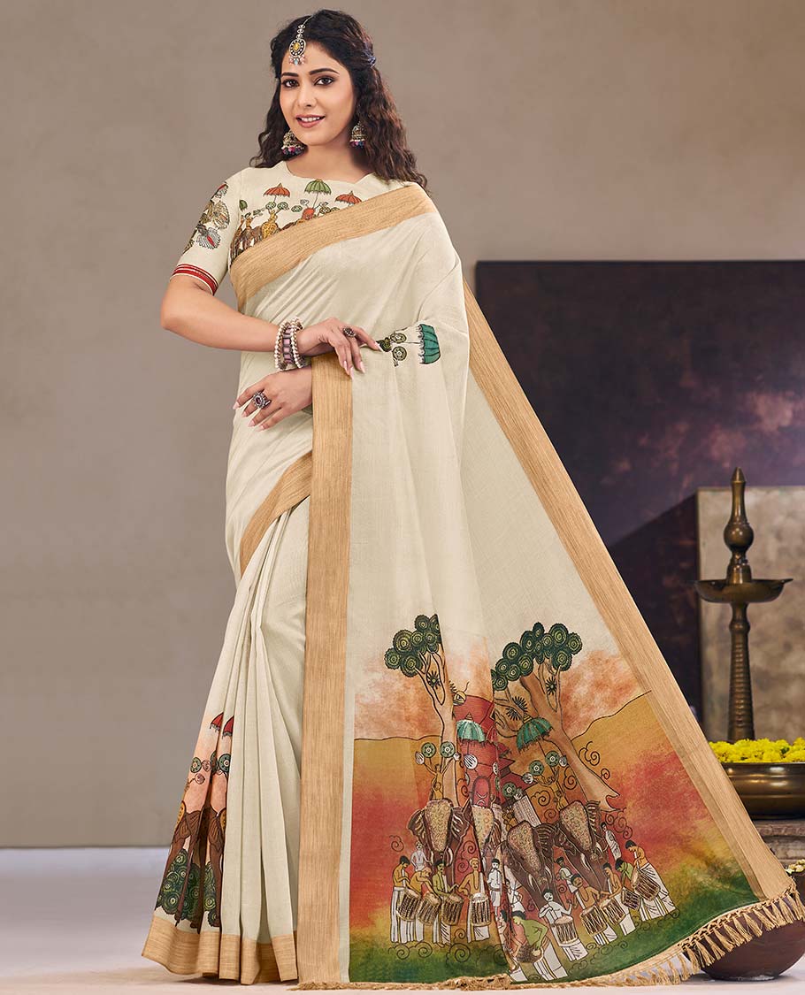 Cream kerala theme printed designer catalog saree, bavanji border, and pallu printed with man with kerala chanda molam, and elephant motifs