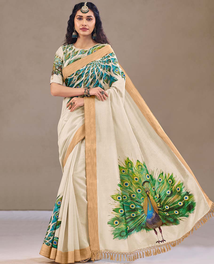Cream peacock feather printed designer catalog saree, bavanji border, and pallu printed with peacock motifs