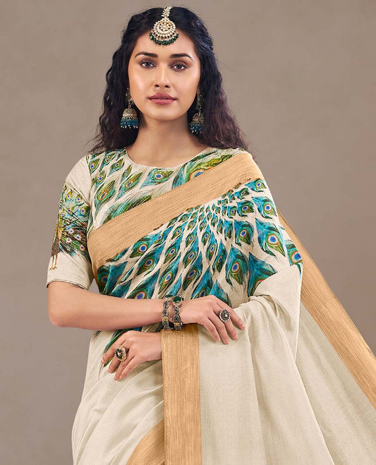 Cream peacock feather printed designer catalog saree, bavanji border, and pallu printed with peacock motifs